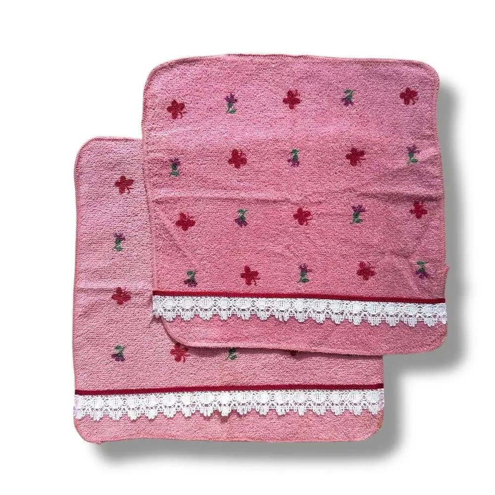 Vtg Dundee Brand Lace Trim Pink Face Cloth Cotton Floral Butterfly Cottage New